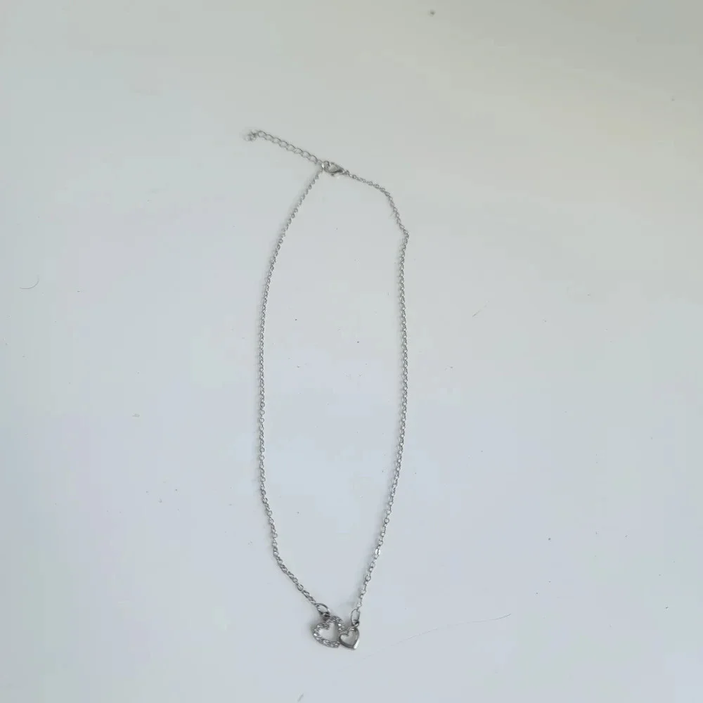 Double Hearts Silver Rhinestones Color Chain Necklace Adjastable 18